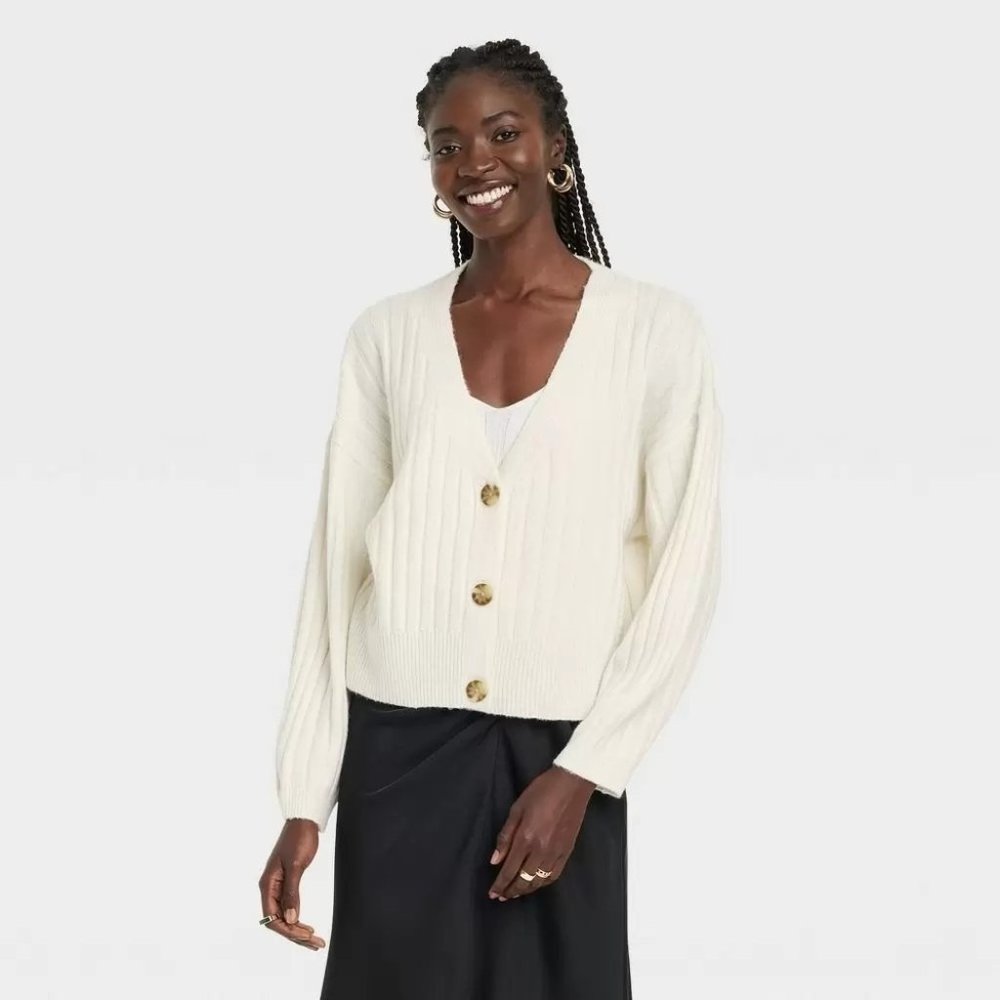 Women's Button-Front Cardigan - A New Day Cream XXL
